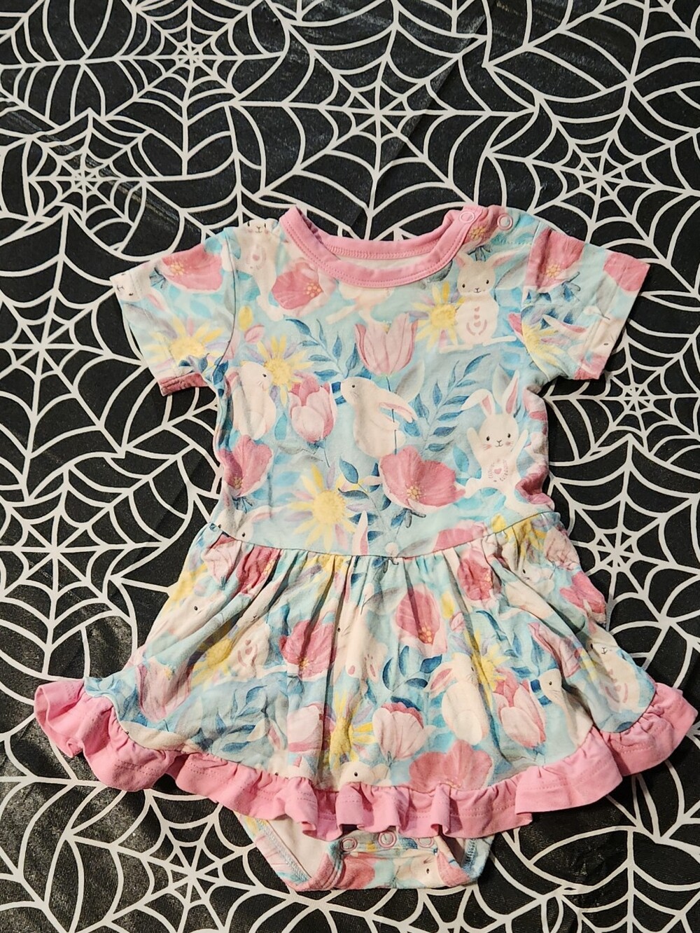 Birdie Bean Easter Floral Bunny Bamboo Ruffle Dress Romper - 6-12 Months